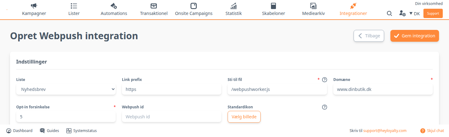 Opret Webpush integration med indstillingerne udfyldt