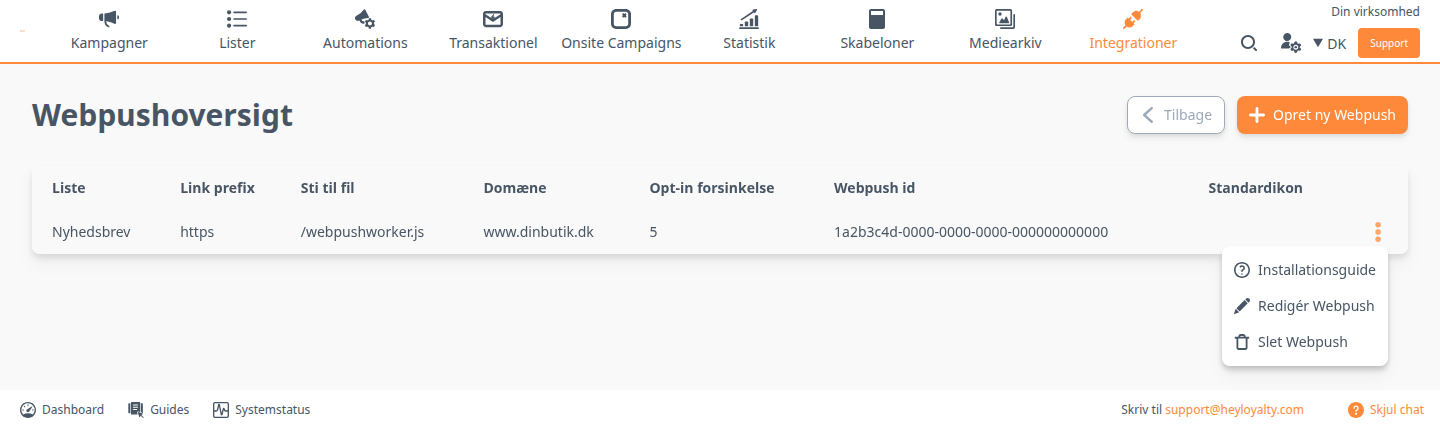 Webpushoversigt med menuen ved integrationen åben
